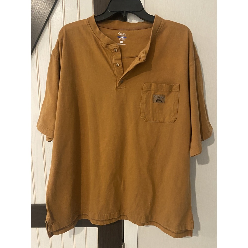 Walls Work Wear Henley T Shirt Mens Large Short Sleeve Sienna Brown Pocket Logo
